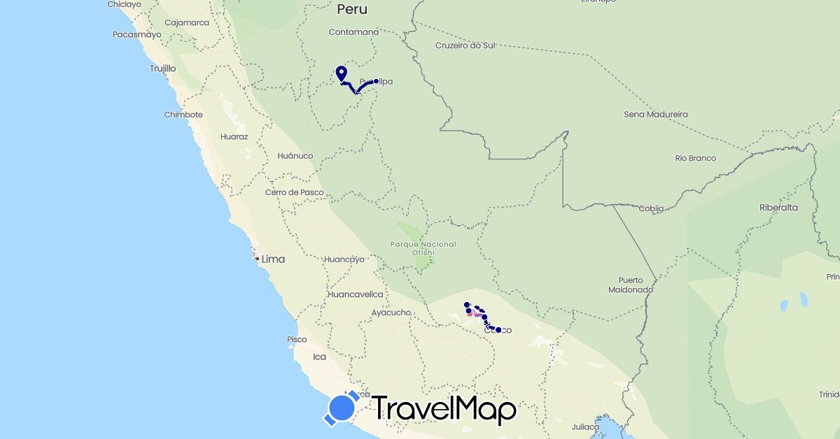TravelMap itinerary: driving, plane, train, hiking in Peru (South America)